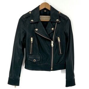 BURBERRY LONDON ENGLAND LAMB LEATHER BLACK MOTO JACKET GOLD ZIP UP HARDWEAR COAT